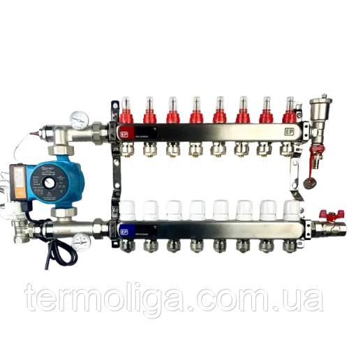 Колектор теплої підлоги "ЕР" Чехія (нержавіюча сталь) 8 контури в зборі, фото 1