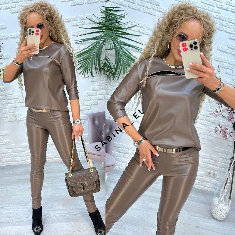 Жіночий стильний костюм/комплект з екошкіри - кофта і лосини (Розміри 42,44,46,48), Мокко, фото 1