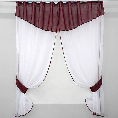 Кухонний комплект, (265х170см.) шторки з ламбрекеном і підхватами. Колір бордовий з білим. Код 084к 52-0265