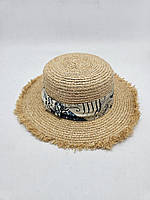 Жіночий капелюх канотьє з соломи з полями з бахромою 55-57 Бежевий з молочним S391-11378