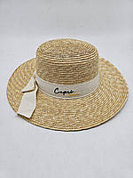 Жіночий капелюх канотьє з соломи та гарною стрічкою 55-57 Бежевий з молочним S387-11380