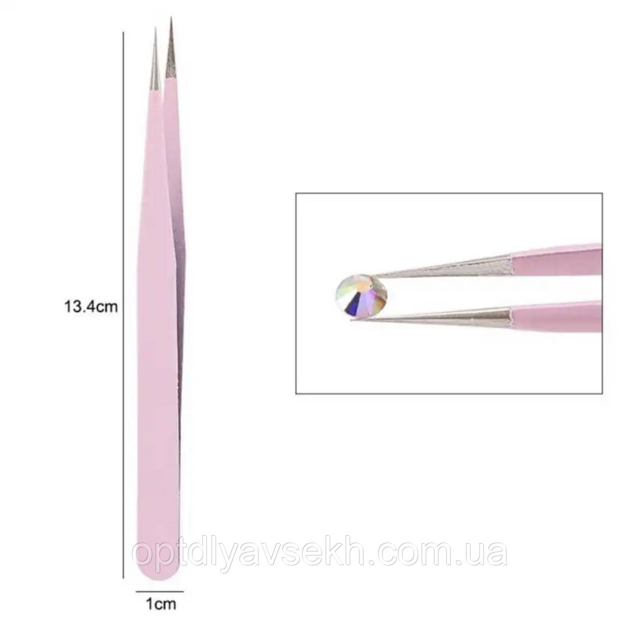 Пінцет прямий гострий для манікюру (15 мм) для захоплення страз, стікерів, бусинок та інших дрібних деталей. Рожевий А-1