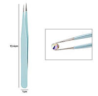 Пінцет прямий гострий для манікюру (15 мм) для захоплення страз, стікерів, бусинок та інших дрібних деталей. Бірюзовий А-2