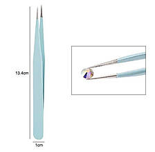 Пінцет прямий гострий для манікюру (15 мм) для захоплення страз, стікерів, бусинок та інших дрібних деталей. Бірюзовий А-2