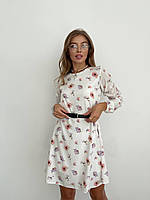 Модне жіноче плаття вільного крою з довгим рукавом і поясом (42, 44, 46), Біле