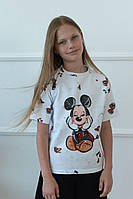 Футболка для дівчинки білого кольору з матеріалу кулір з принтом Міккі  р. 104-158