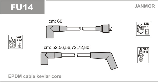 Дроти запалювання JanMor FU14 для FORD GRANADA 2,4, 2,6 двиг. UY, TV 26 L, GRANADA 2,9, SCORPIO 2,4 I двиг. ARC, ARD, 2,8 I двиг.