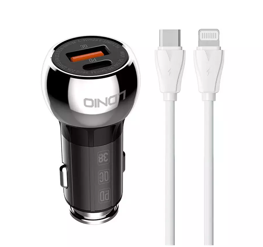 Автомобільний зарядний пристрій LDNIO C1 USB, USB-C (36 W) PD QC 3.0 Black + кабель USB-C — Lightning (C1)