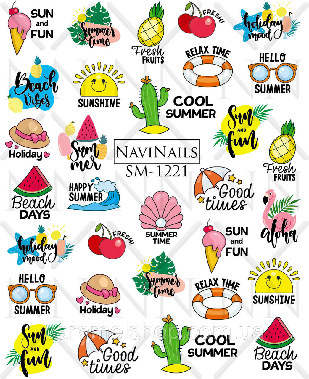 Слайдер дизайн для нігтів з білою підкладкою та малюнком мікс SM-1221 відпустка відпочинок літо фрукти морозиво кактуси