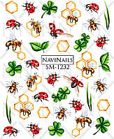 Слайдер дизайн наклейки для ногтей с белой подложкой и рисунком микс SM-1232 божьи коровки листики пчелы соты