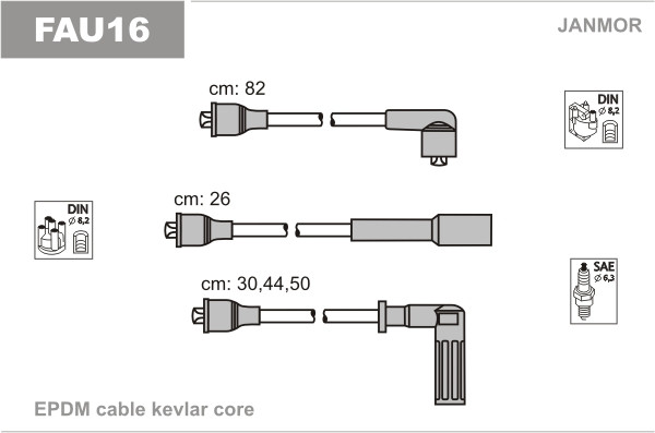 Дроти запалювання JanMor FAU16 для FIAT, REGATA 1,6, 1,6 I. E., двиг. 149 A. 000, 149 C2.000, RITMO 1,1 двиг. 146 A4.048, 1,5, 1,5