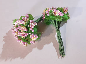 Тичинки з листям декоративні 25 мм висота 100 мм упаковка 12 букетів по 12 шт. рожевий