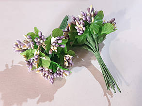 Тичинки з листям декоративні 25 мм висота 100 мм упаковка 12 букетів по 12 шт. бузковий