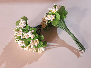 Тичинки з листям декоративні 25 мм висота 100 мм паковання 12 букетиків по12 шт. білий