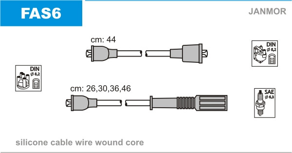 Дроти запалювання JanMor FAS6 для FIAT, 124 1,2 двиг. 124 A. 000, 128 1,1 двиг. 128 A. 000, 128 AC5.000, 128 A. 048, 1,3 двиг. 128, фото 1