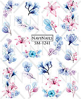 Слайдер дизайн наклейки для ногтей с белой подложкой и рисунком микс SM-1241 цветочки листики ягодки синий