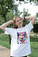 Біла футболка для дівчинки з матеріалу кулір з нашивкою Мінні р. 104-170