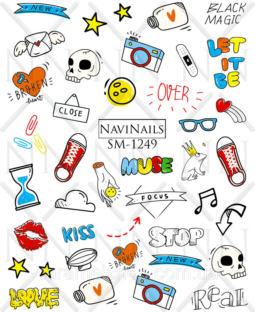 Слайдер дизайн наклейки для нігтів з білою підкладкою та малюнком мікс SM-1249 малюнки