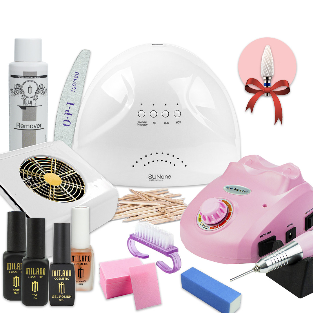Стартовий набір для манікюру з лампою для манікюру Sun One Фрезером Nail Drill ZS 603 база топ гель лак milano, фото 1