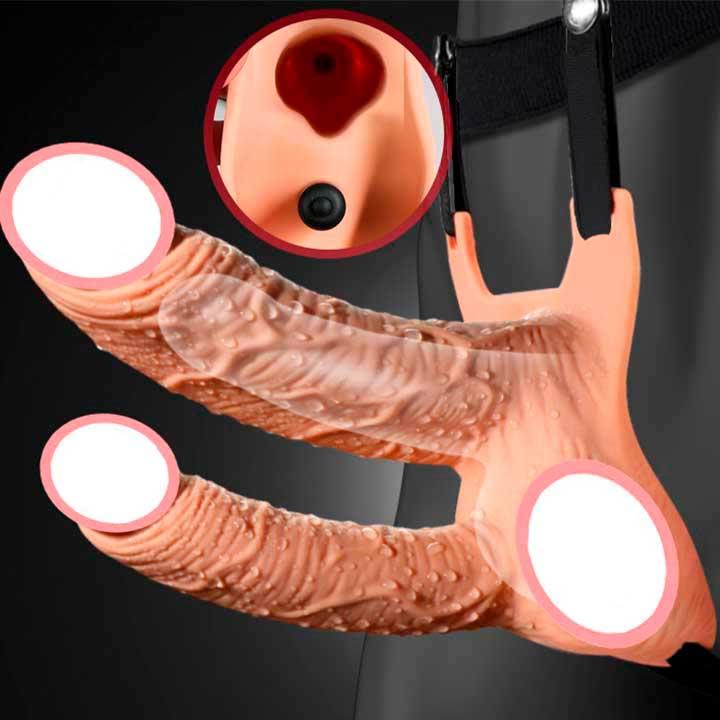 Подвійний порожнистий страпон із вібрацією Lovetoy Vibrating Unisex Hollow Strap On 10 режимів тілесний, фото 1