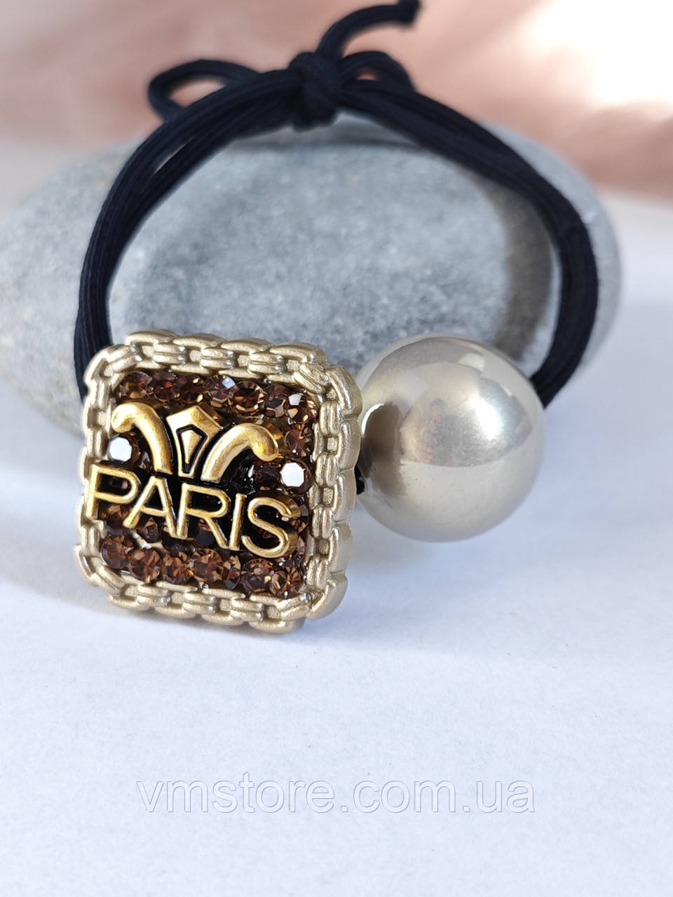 Гумка для волосся, зі стразами та лого, чорна, фото 1