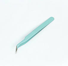 Пінцет скошений (зігнутий) гострий для нарощування вій та брів. Бірюзовий В-1