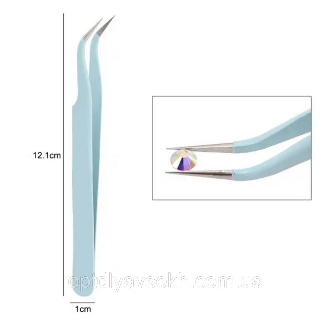 Пінцет зігнутий (скошений) гострий для захоплення страз, стікерів, бусинок та інших дрібних деталей. Бірюзовий В-1