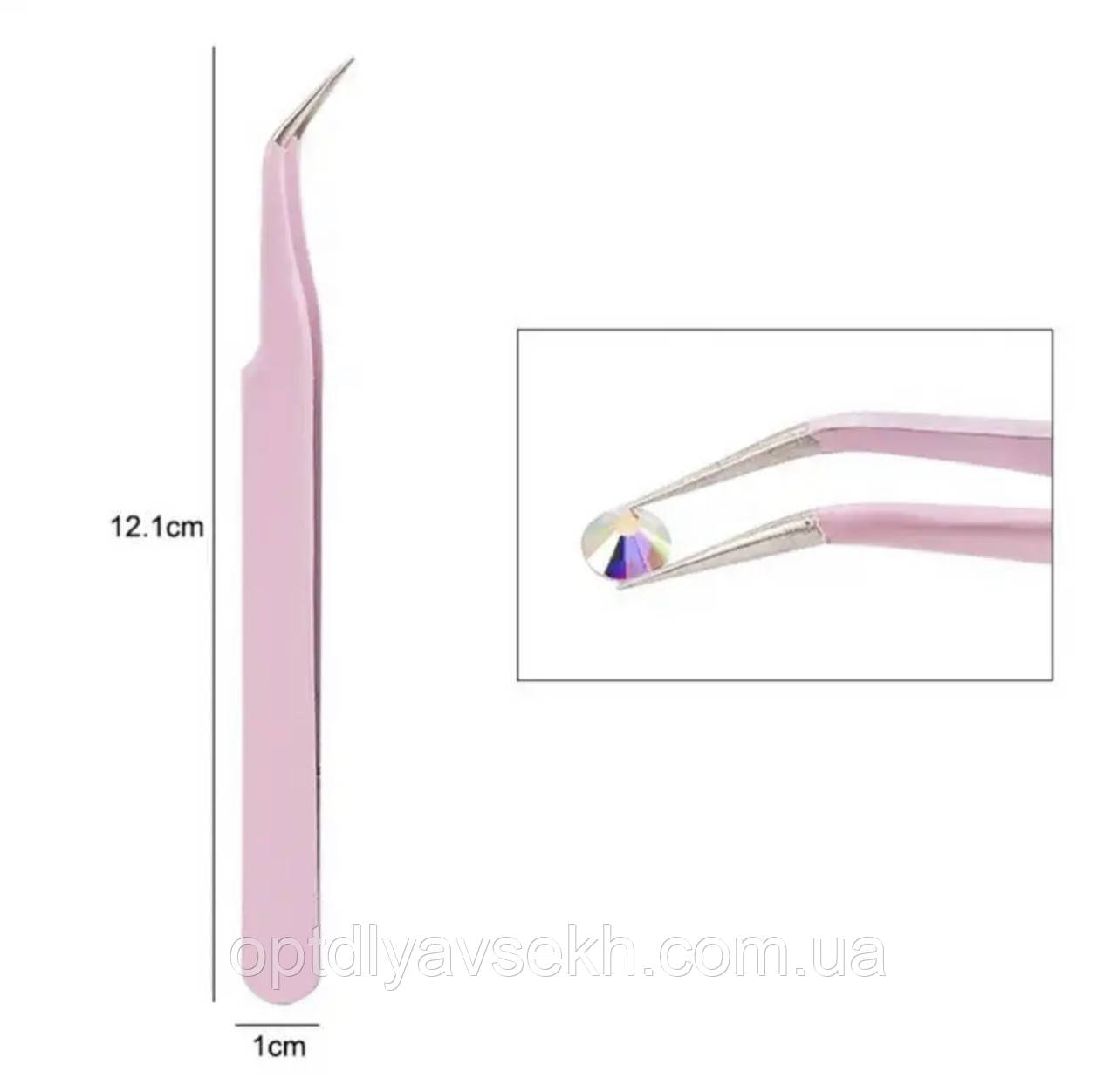 Пінцет зігнутий (скошений) гострий для захоплення страз, стікерів, бусинок та інших дрібних деталей. Рожевий В-3