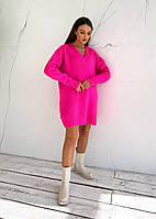 Трендовый женский мягкий вязаный теплый свитер туника оверсайз кофта с вырезом 42-46 Турция Розовый
