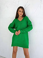 Трендовый женский мягкий вязаный теплый свитер туника оверсайз кофта с вырезом 42-46 Турция Зеленый