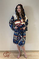 Женский халат на запах с капюшоном из плюшевой микрофибры велсофт XL (54-56) длина 100 см Вышиванка
