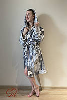 Женский халат на запах с капюшоном из плюшевой микрофибры велсофт XL (54-56) длина 100 см Сердца на сером