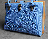 Вечірня сумка "Калла" блакитного кольору, комбінація шкіри та дерева, ручна робота, 27×19×11 см, фото 5