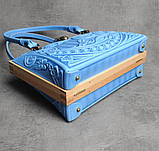 Вечірня сумка "Калла" блакитного кольору, комбінація шкіри та дерева, ручна робота, 27×19×11 см, фото 8