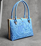 Вечірня сумка "Калла" блакитного кольору, комбінація шкіри та дерева, ручна робота, 27×19×11 см, фото 4