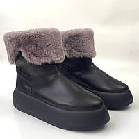 Женские угги ботинки кожаные черные зимняя теплая обувь больших размером на меху COSMO Shoes Freedom BS