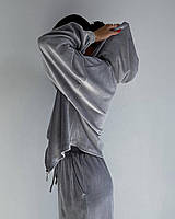 Серый осенний женский повседневный велюровый костюм: кофта на молнии с капюшоном и широкие штаны
