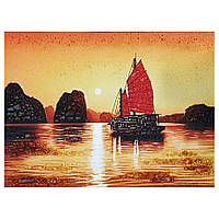 Картина "Красный парус корабля" из янтаря 40х60