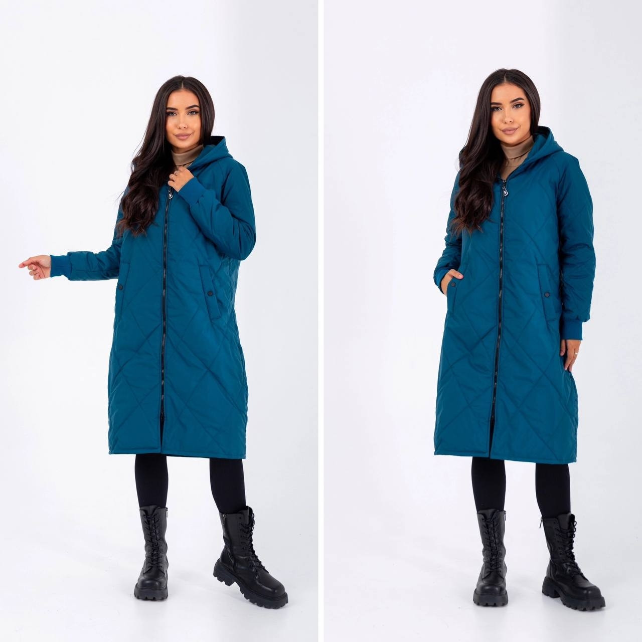 Пальто стьобане з капюшоном осінь-зима NOBILITAS 42 — 48 морська хвиля, плащівка Еммі (арт 23025), фото 1