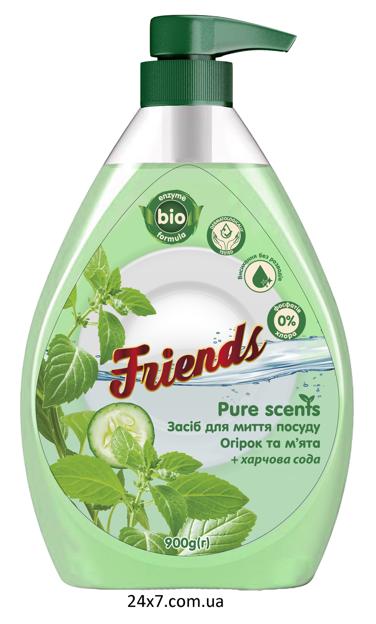 Засіб для миття посуду Friends Pure scents Огірок та м'ята, з дозатором 900 мл