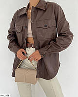 Повседневная рубашка женская молодежная прогулочная из эко кожи с накладными карманами размер 42-46 оверсайз