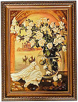 Картина "Белые голуби и розы" из янтаря 40х60