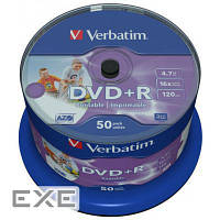 43512 Verbatim DVD+R 50 pk диск Retail Spindle wide inkjet photo printable No ID 4.7GB 16x (