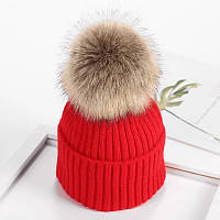 Детская демисезонная шапка с опушкой, красная шапочка с помпоном для детей