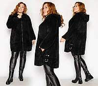 Женское чёрное пальто с альпаки больших размеров 54-60