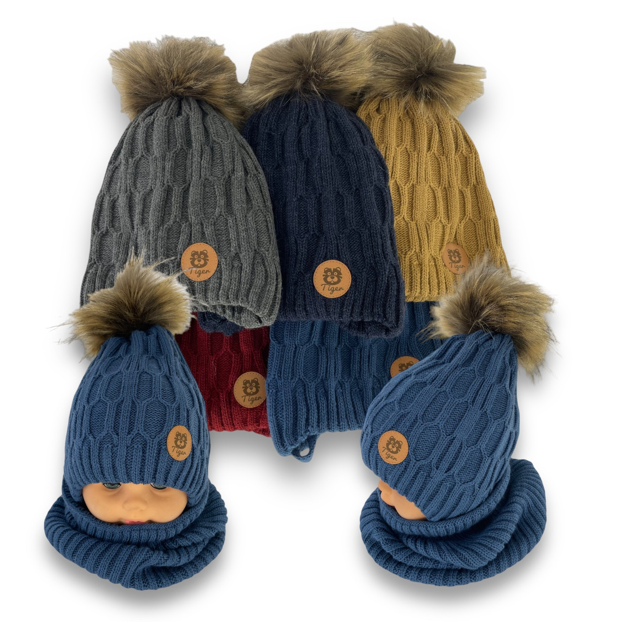 ОПТ Дитяча шапочка на зав'язках і шарф для хлопчика, р. 46-48 (5 шт./набір), фото 1