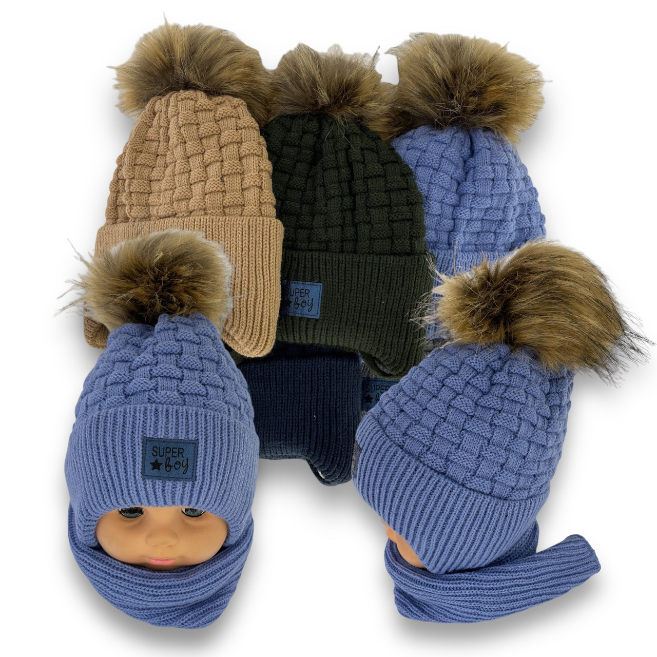 ОПТ Дитяча шапочка на зав'язках і шарф для хлопчика, р. 44-46 (5 шт./набір), фото 1