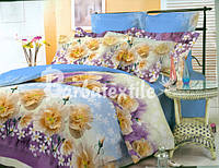 Хлопковый полуторный набор бело-голубого постельного белья из Ранфорса 150х220см с рисунком огромных жёлтых цветов Черешенка