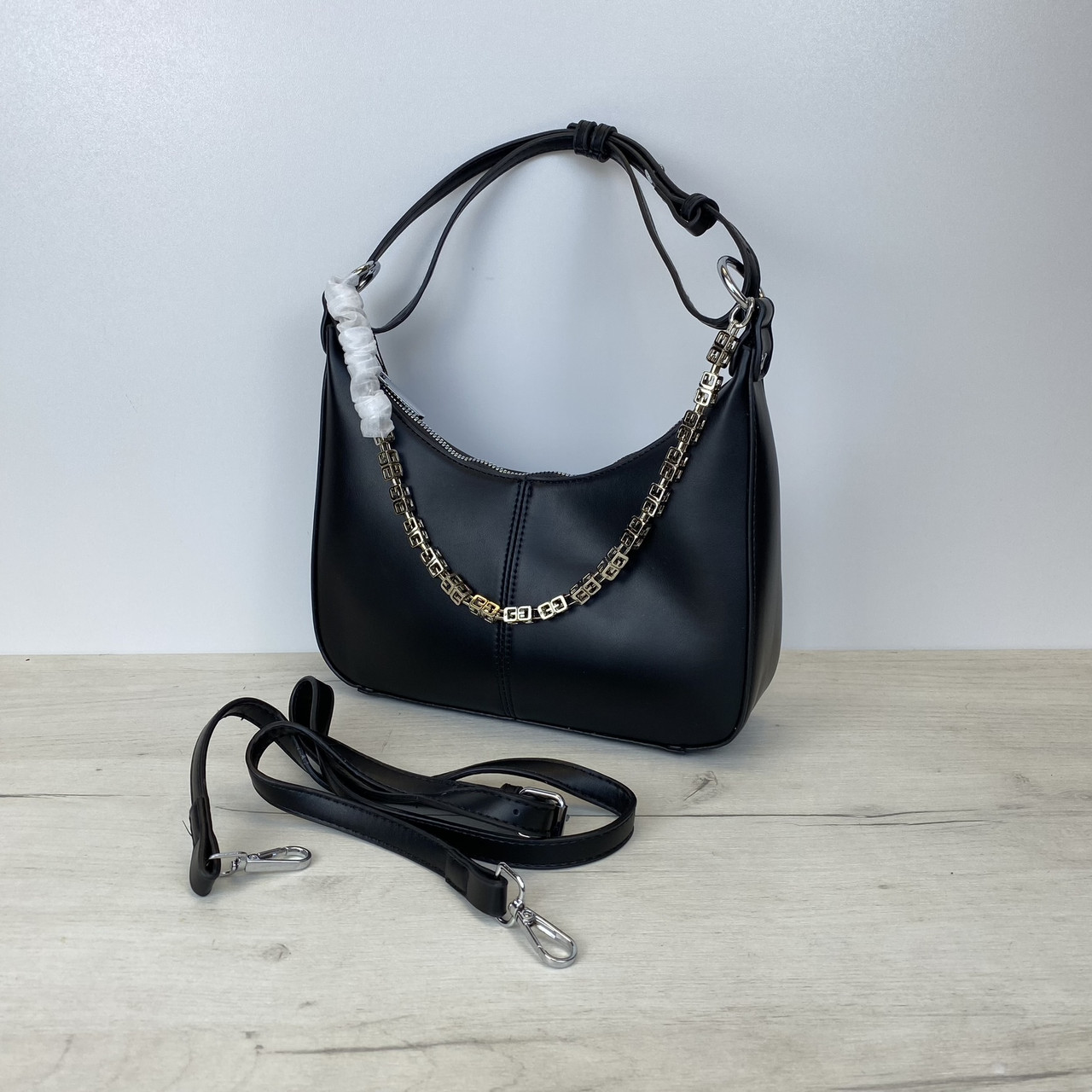 Сумка багет човник з двома ремінцями і ланцюжком А05-1913 Чорна, фото 1