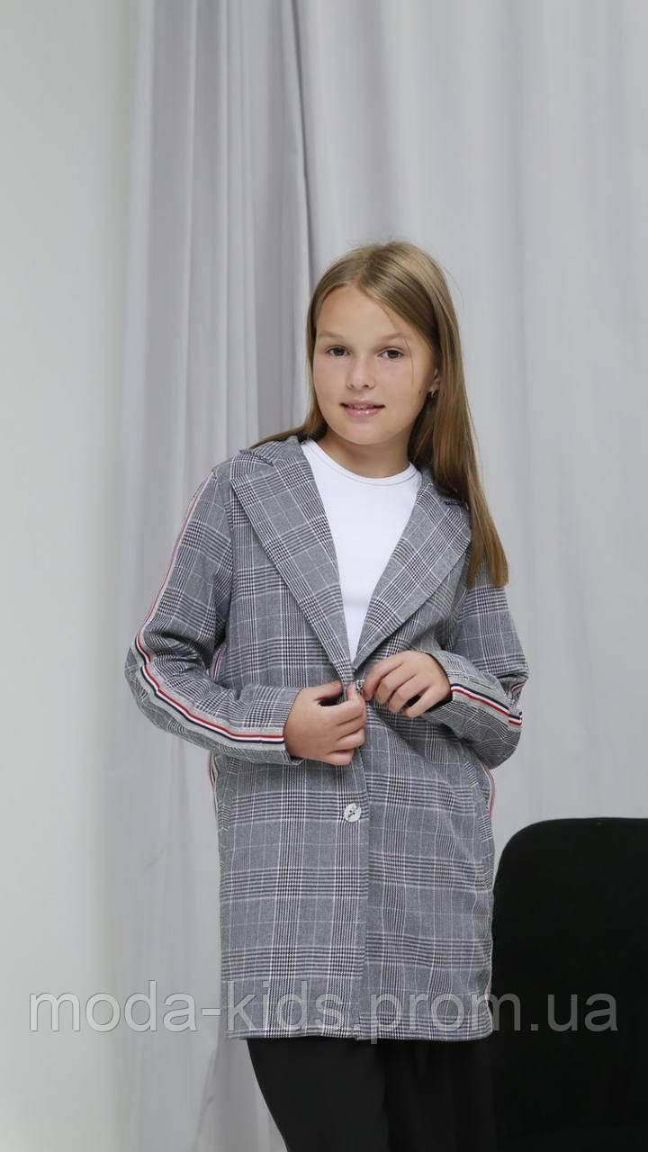 Подовжений піджак в клітинку стильний шкільний дитячий жакет для підлітка дівчинки